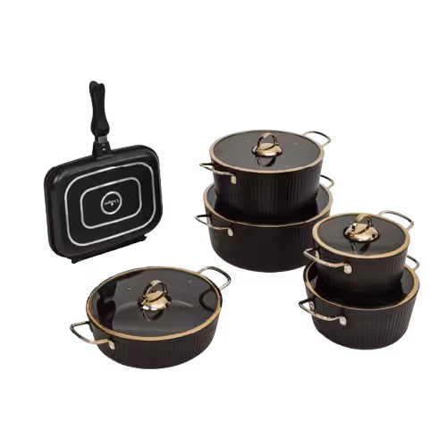 سرویس قابلمه یونیک فلورانس مشکی 12 پارچه درب فلت UN-8422