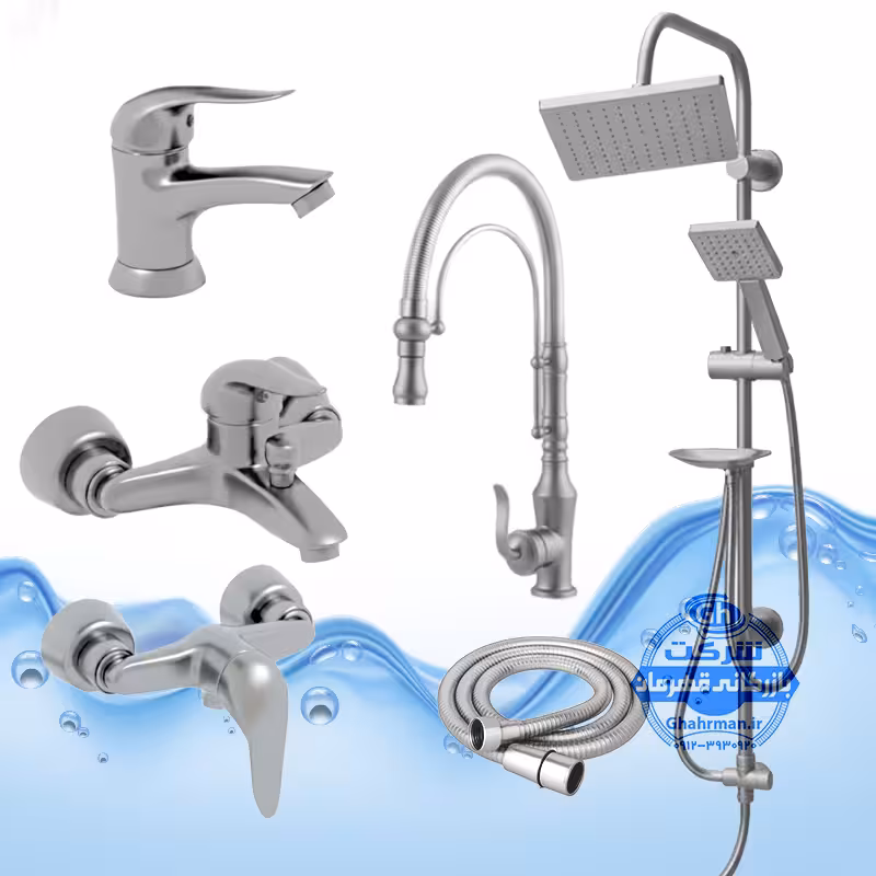 ست 6 عددی شیرآلات برند آیدا صنعت مدل اردکی | کروم مات | علم دوش رسوب‌گیر | ظرفشویی بامبو فنری