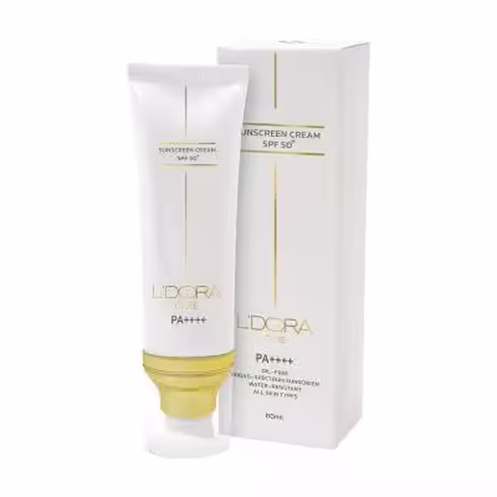 کرم ضد آفتاب  SPF50 بی رنگ مناسب انواع پوست لدورا کر 80 میلی لیتر
