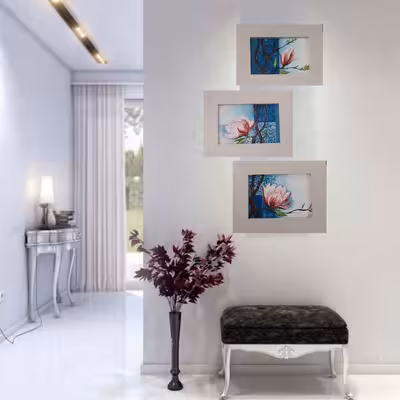 تابلو نقاشی رنگ روغن طرح گل نیلوفر کد 0863269 مجموعه 3 عددی