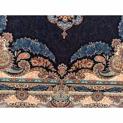 فرش ماشینی زمرد مشهد مدل گلایل زمینه سورمه ای