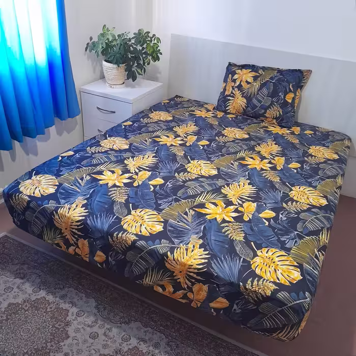 سرویس ملحفه مدل کشدار ni03064 طرح برگ انجیری کد 90 یک نفره دو تکه