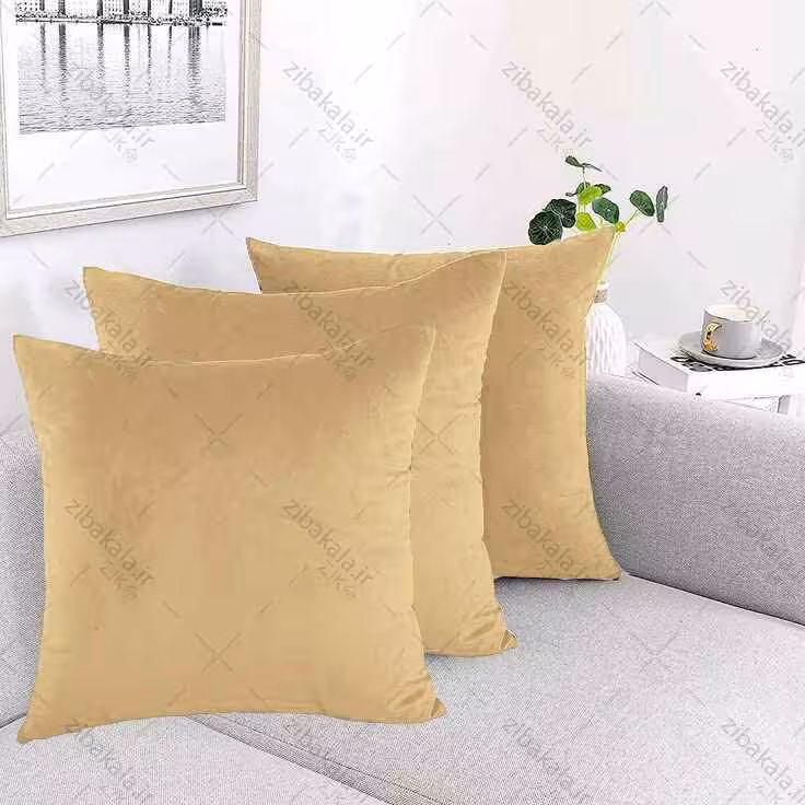 روکش کوسن ساده مخمل کالیفرنیا رنگ کرم 3عددی زیب مخفی