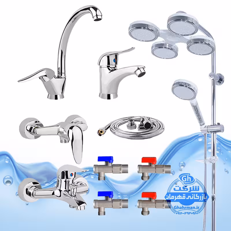 ست 10 عددی شیرآلات برند آیدا صنعت مدل قهرمان اردکی | شیر ظرفشویی   شیر روشویی   شیر حمام   شیر توالت   علم دوش هلی شاتی   شلنگ توالت   چهار عدد شیر پیسوار | کروم براق