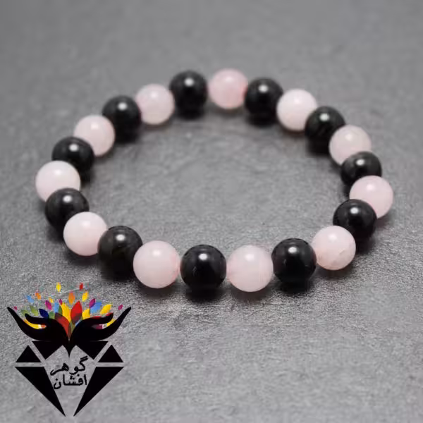 دستبند کوارتز صورتی و عقیق مشکی کد D_1155