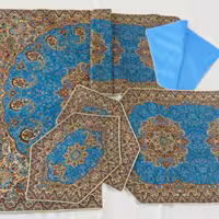 رومیزی ترمه ست 5 تکه طرح نسترن رنگ آبی کیفیت عالی 