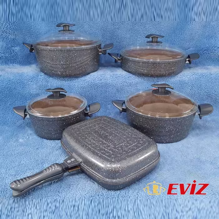 سرویس قابلمه 10 پارچه چدن گرانیت اویز EVIZ مدل سوئینگ طوسی