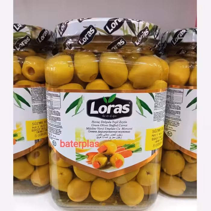 زیتون سبز مغزدار لوراس در دو نوع هویج و سیر  900گرم | amazonchi