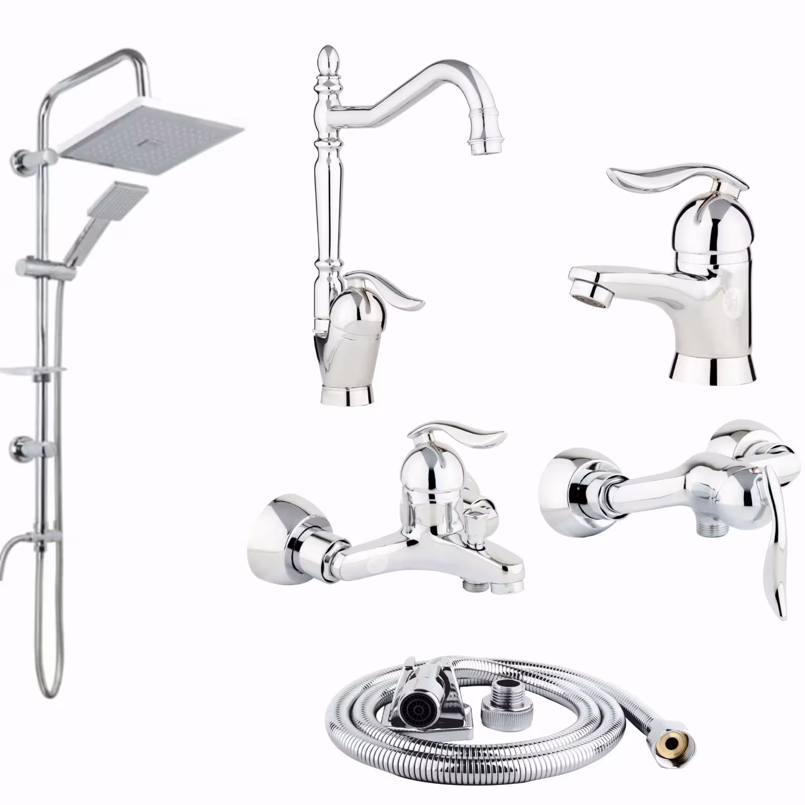 ست شیرالات رز مدل ونیز لایت مجموعه 6 عددی کروم به همراه علم دوش رسوبگیردار اتومات 