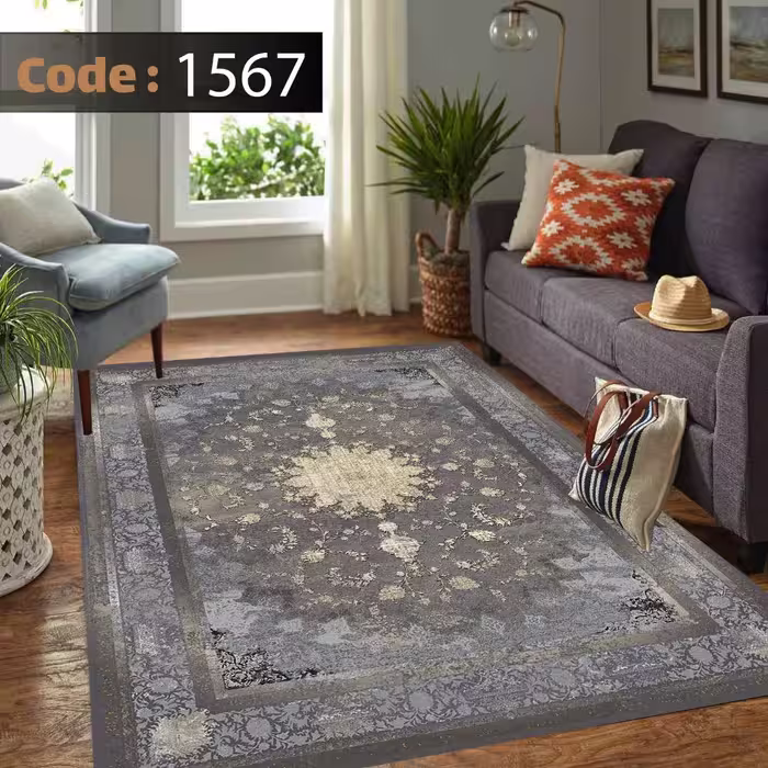کاورفرش روفرشی دورکشدار گوشه لیفه ای طوسی کرم کد 1567