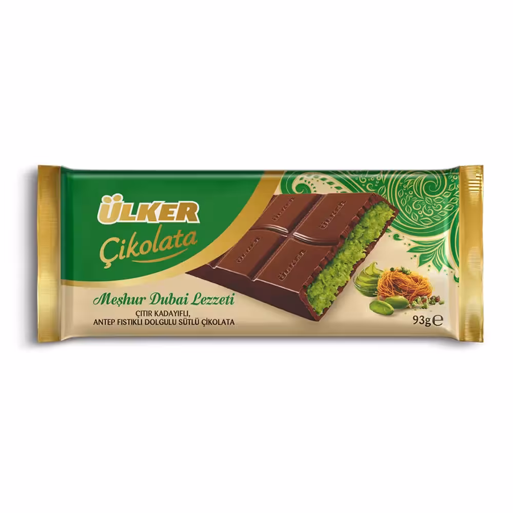 شکلات دبی تخته‌ای اولکر با مغز کادایف و پسته 93 گرم