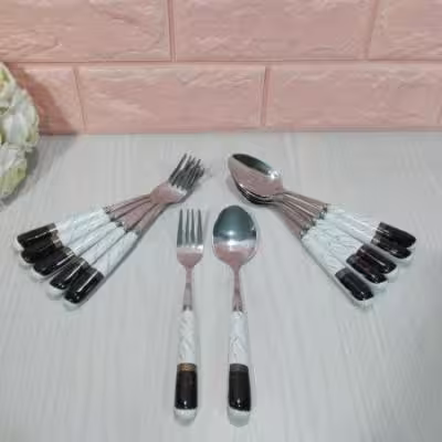 قاشق و چنگال دسته سرامیک ماربل سفید مشکی