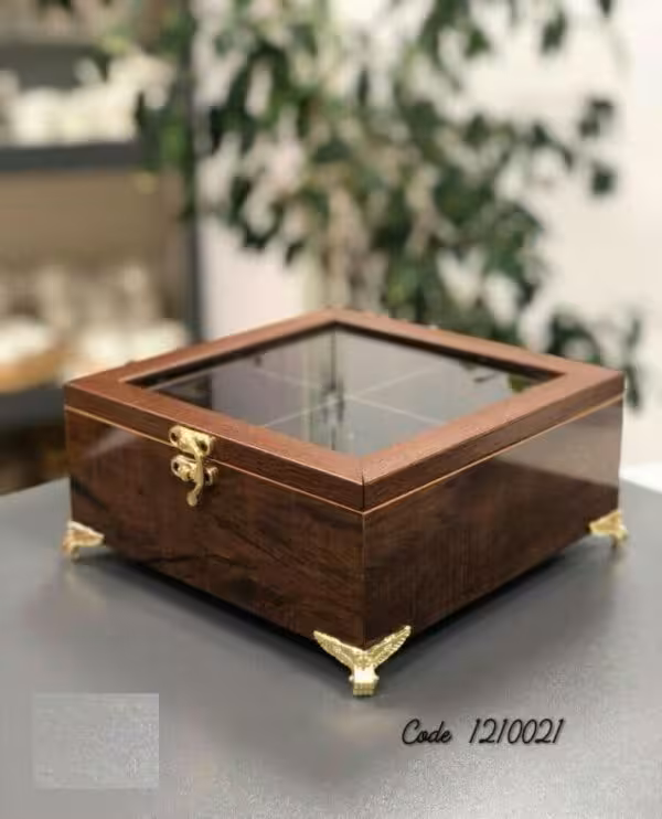 جعبه تی بگ چوبی 4خانه پایه دار قهوه ای