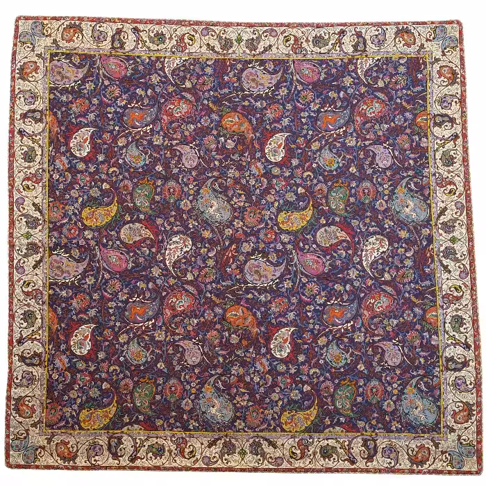 رومیزی مربع ترمه ابریشم کد TRM203 نفیس رنگ سرمه ای آستر سرمه ای لبه مغزی دوزی