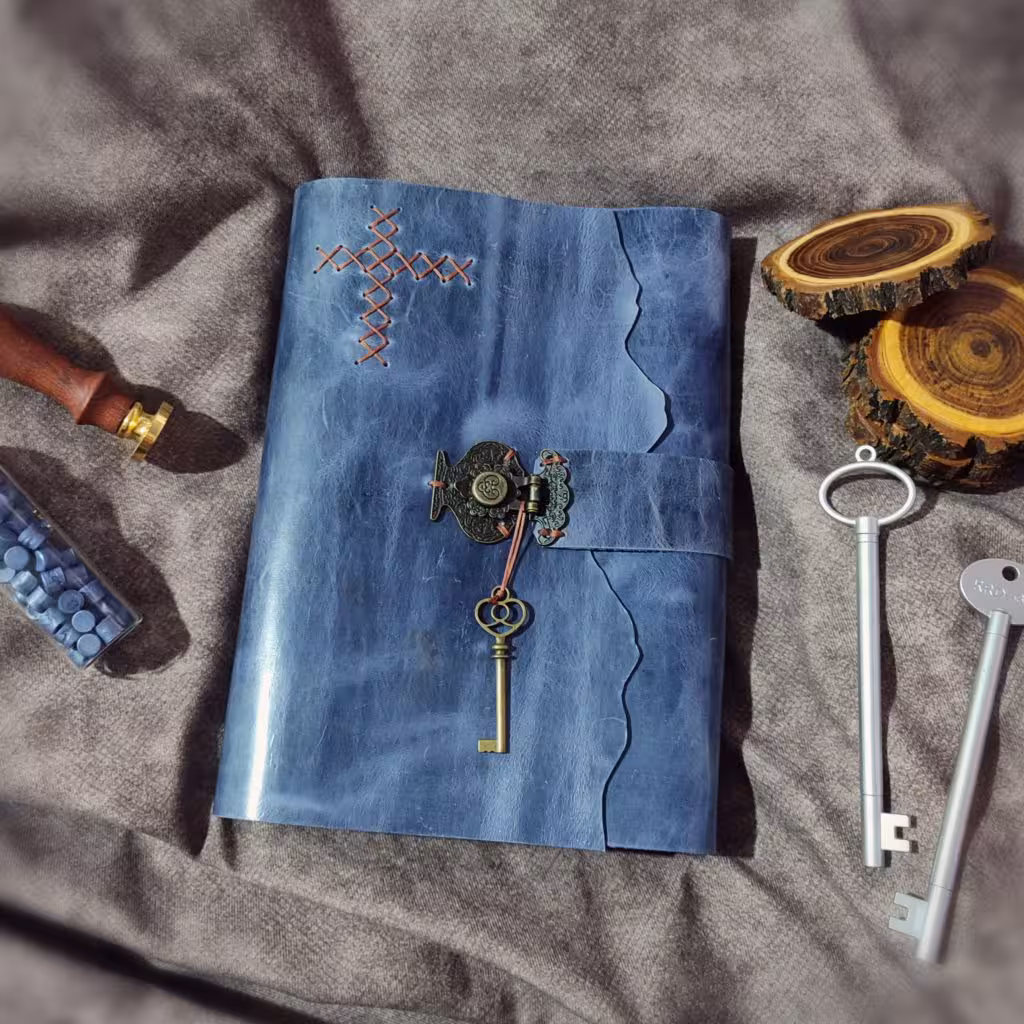 کلاسور چرمی ، چرم گاوی افکتی رنگ سورمه ای روشن، ابعاد 25 در 18 سانت، به همراه صد برگ کاغذ نخودی رنگ خطدار ، و چندین جیب و جای کارت.