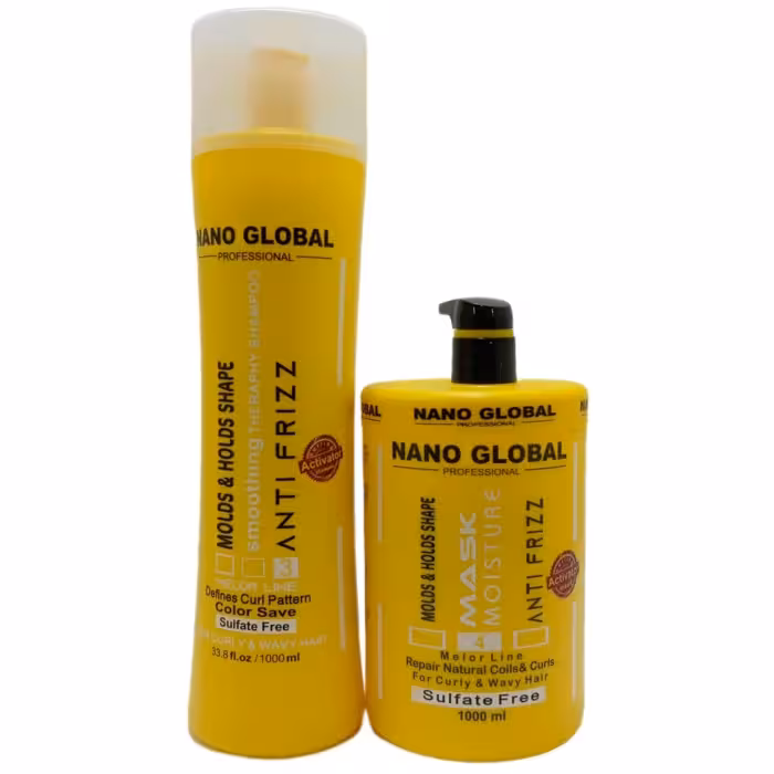 شامپو و ماسک مو احیا کننده فاقد سولفات نانو گلوبال مناسب موهای فر و مجعد 1000میل