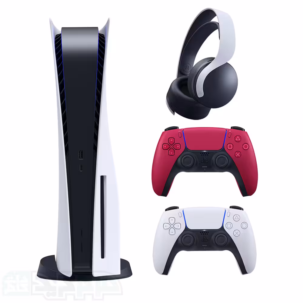 پلی استیشن 5 با درایو با دسته قرمز و هدست سفید