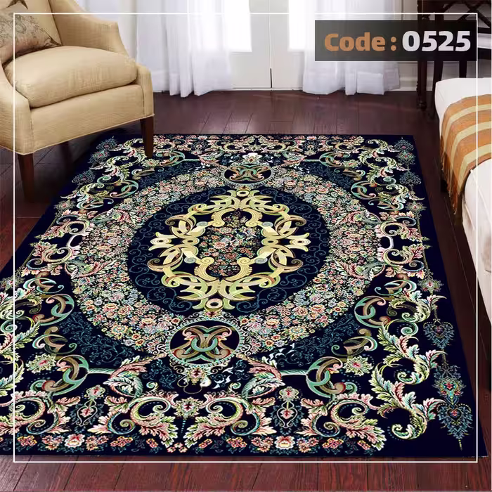 کاورفرش روفرشی دورکشدار گوشه لیفه ای لاکی ، آبی و متنوع کد 0525