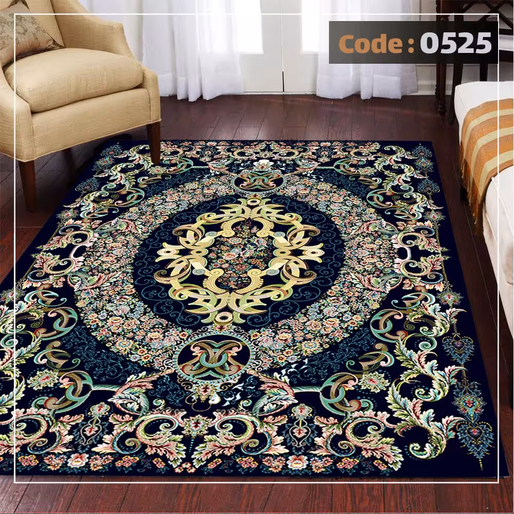 کاورفرش روفرشی دورکشدار گوشه لیفه ای لاکی ، آبی و متنوع کد 0525