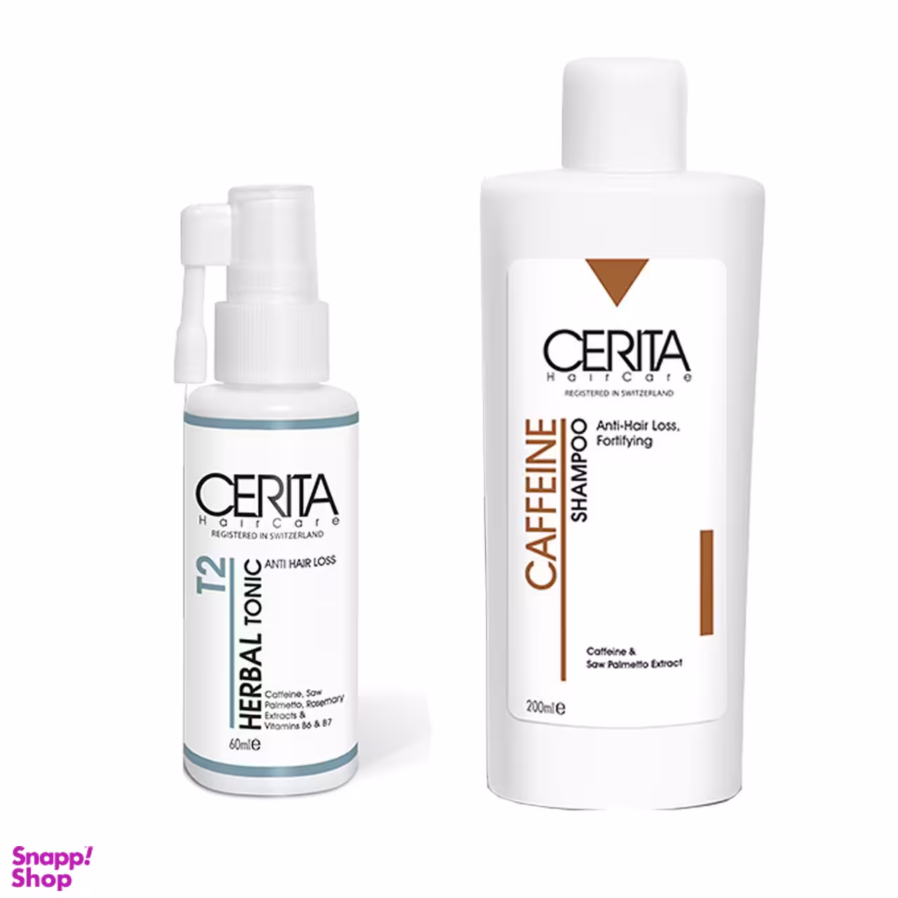 پک شامپو ضد ریزش کافیین و هیروتونیک گیاهی T2 سری تا (Cerita) مدل Herbal بسته 2 عددی