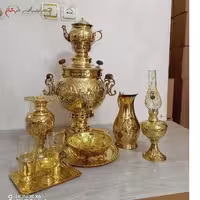 سرویس 11 پارچه سماور برنجی ذغالی تبریز 6 لیتری با قلمزنی