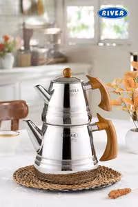 کتری قوری استیل هرمی لوله دار 3 لیتر دسته طرح چوب ریور RIVER کد 2172