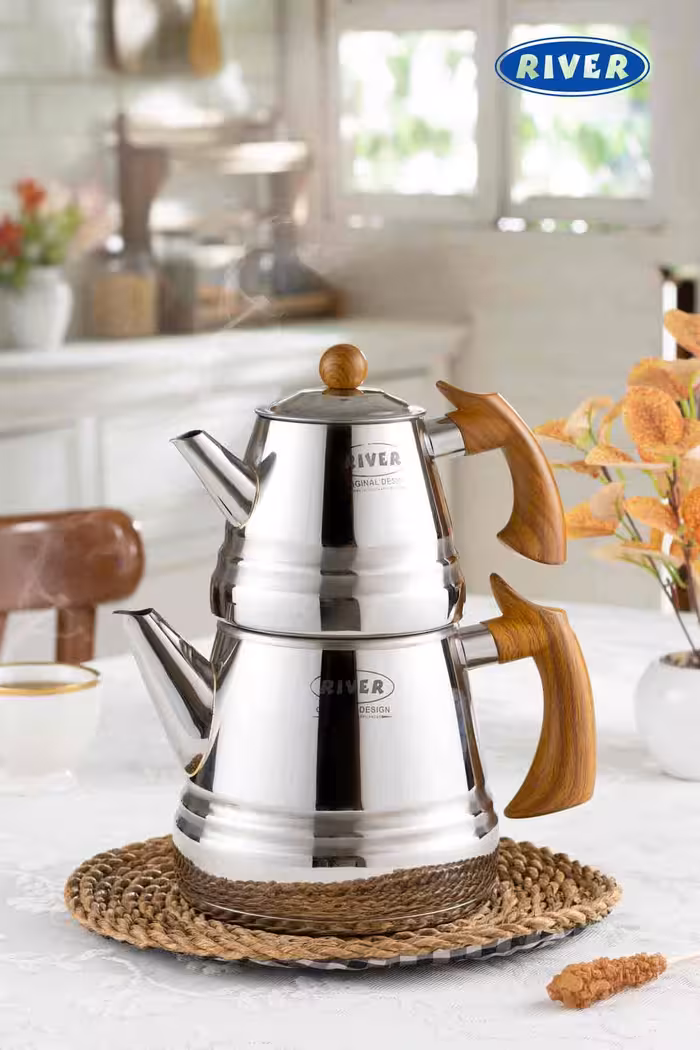 کتری قوری استیل هرمی لوله دار 3 لیتر دسته طرح چوب ریور RIVER کد 2172