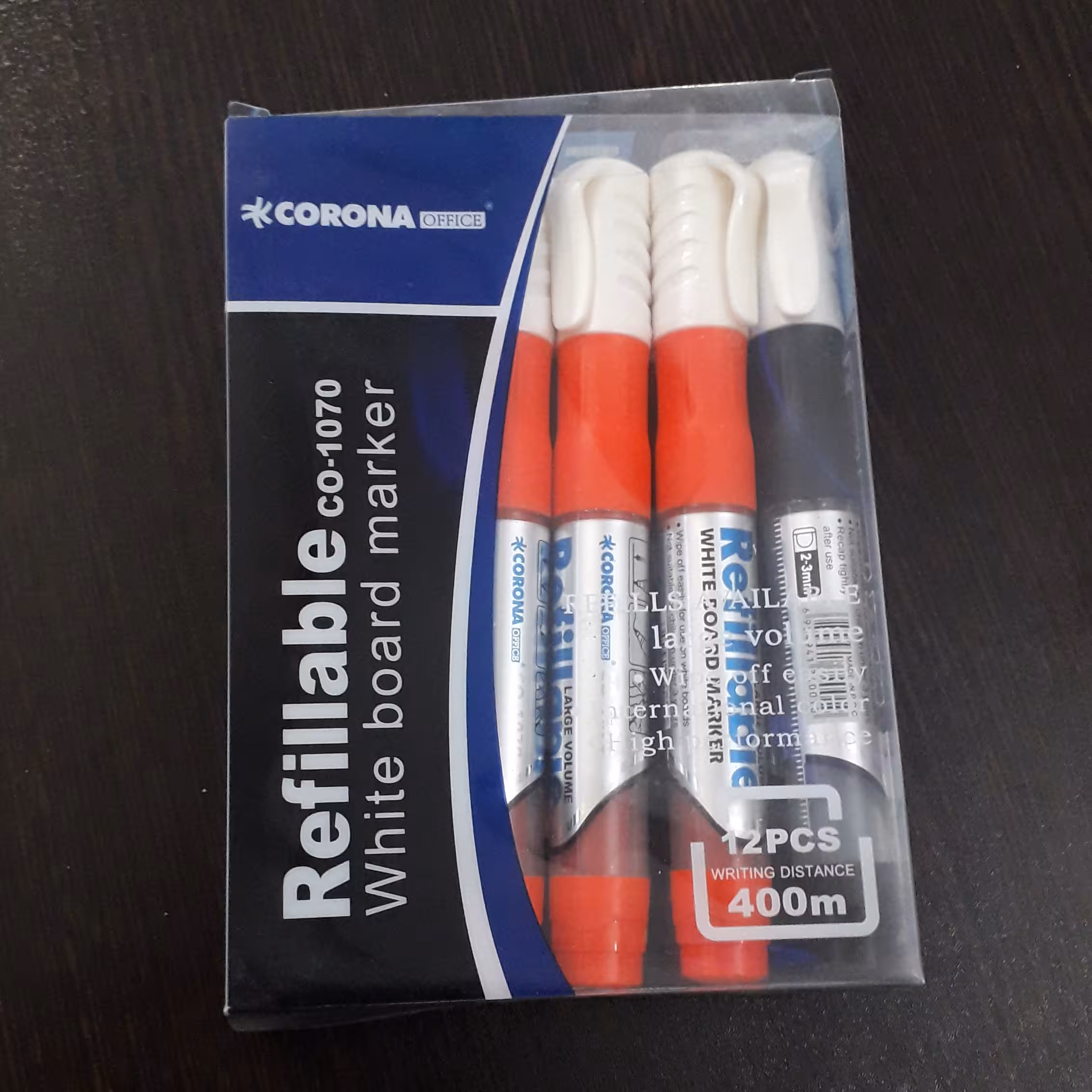 ماژیک وایت بردی شارژی کرونا ،تعداد در بسته 12 عدد ، رنگ نوشتاری دربسته:آبی،مشکی،سبز،قرمز