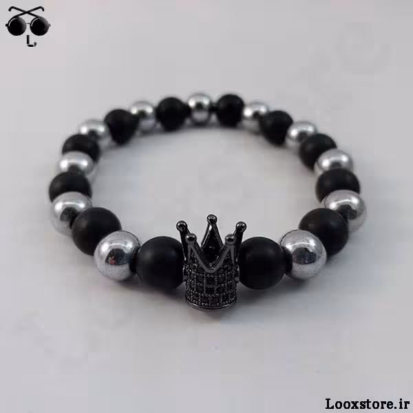دستبند مشکی نقره ای لوکس مدل تاج بلند مشکی