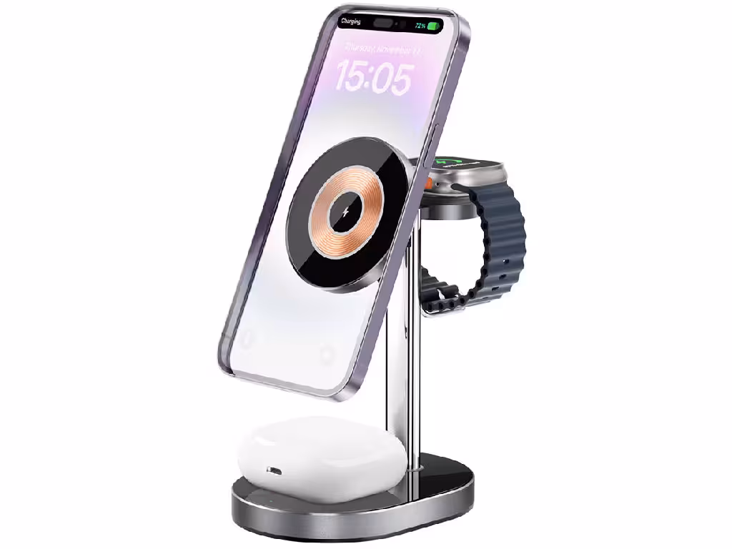 شارژر بی سیم مگنتی رومیزی 15 وات گوشی، ایرپاد و اپل واچ و پایه نگهدارنده گوشی ویوو Wi-W003