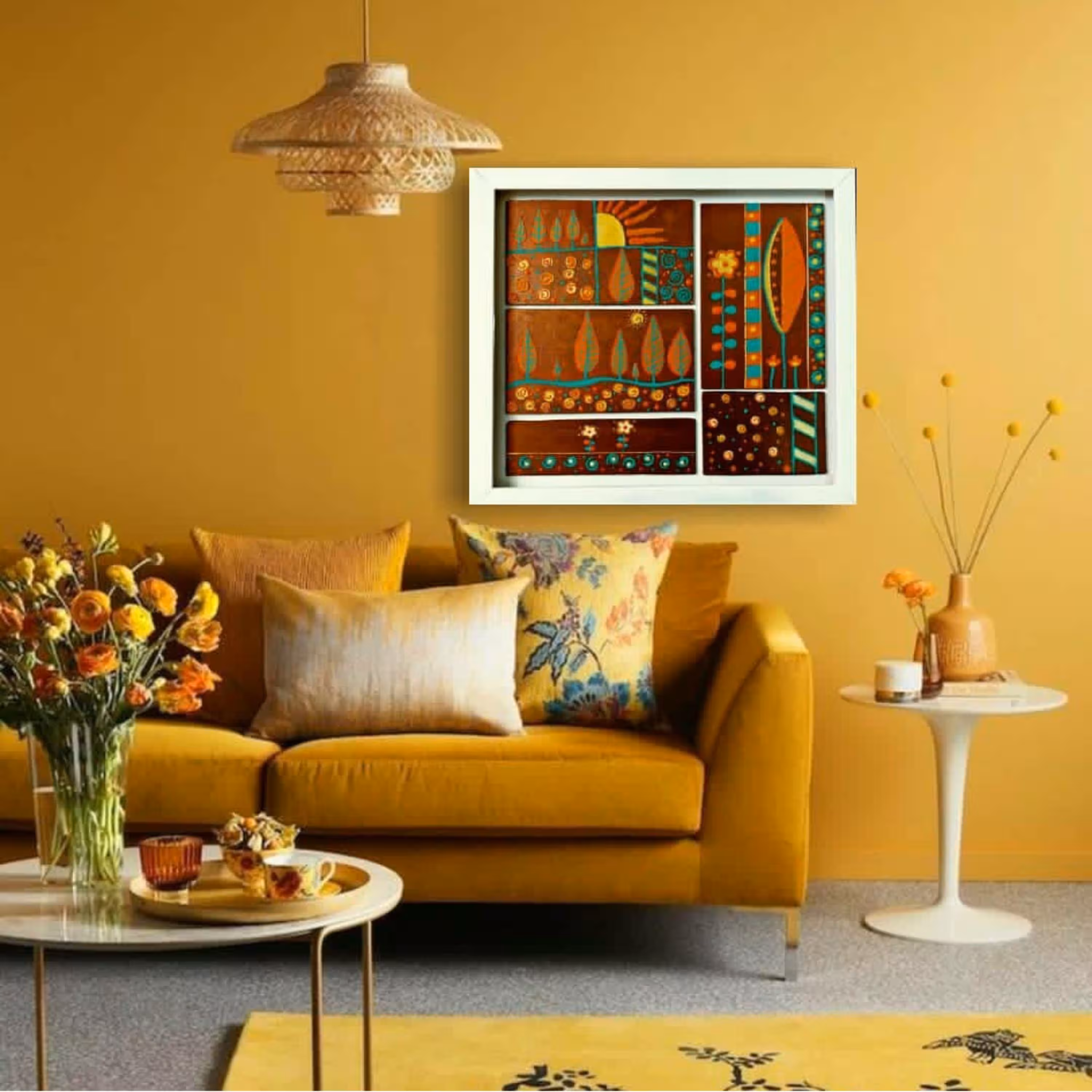 تابلو اکریلیک باغ انتزاعی نقش برجسته کارشده روی چوب