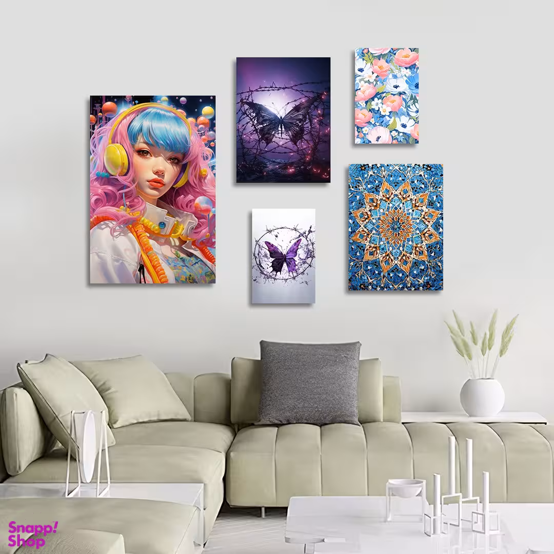 تابلو شاسی بکلیت طرح نقاشی دخترانه و پروانه مدل SH-1249 مجموعه 5 عددی