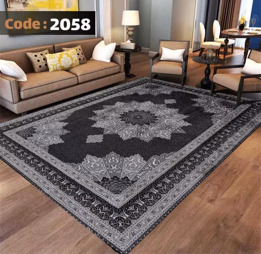 کاورفرش روفرشی دورکشدار گوشه لیفه ای طوسی کرم کد 2058
