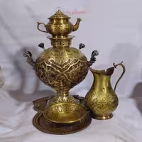 سماور ذغالی برنجی 6 لیتری، جهان نما، قلم زنی گل و مرغ