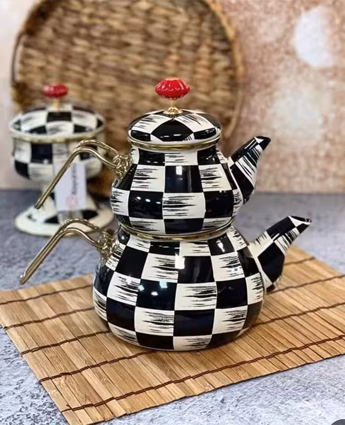 کتری قوری لعابی طرح شطرنجی آجار Acar مدل King tombul