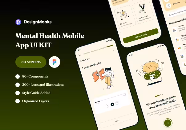 کیت UI اپلیکیشن سلامت روان هوش مصنوعی برای طراحی حرفه‌ای | Design Monks