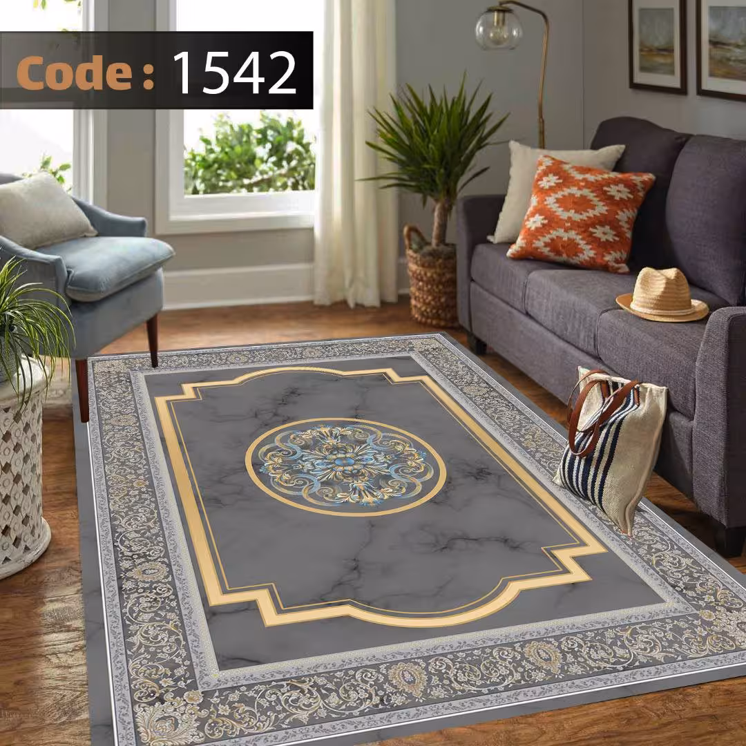 کاورفرش روفرشی دورکشدار گوشه لیفه ای طوسی کرم کد 1542