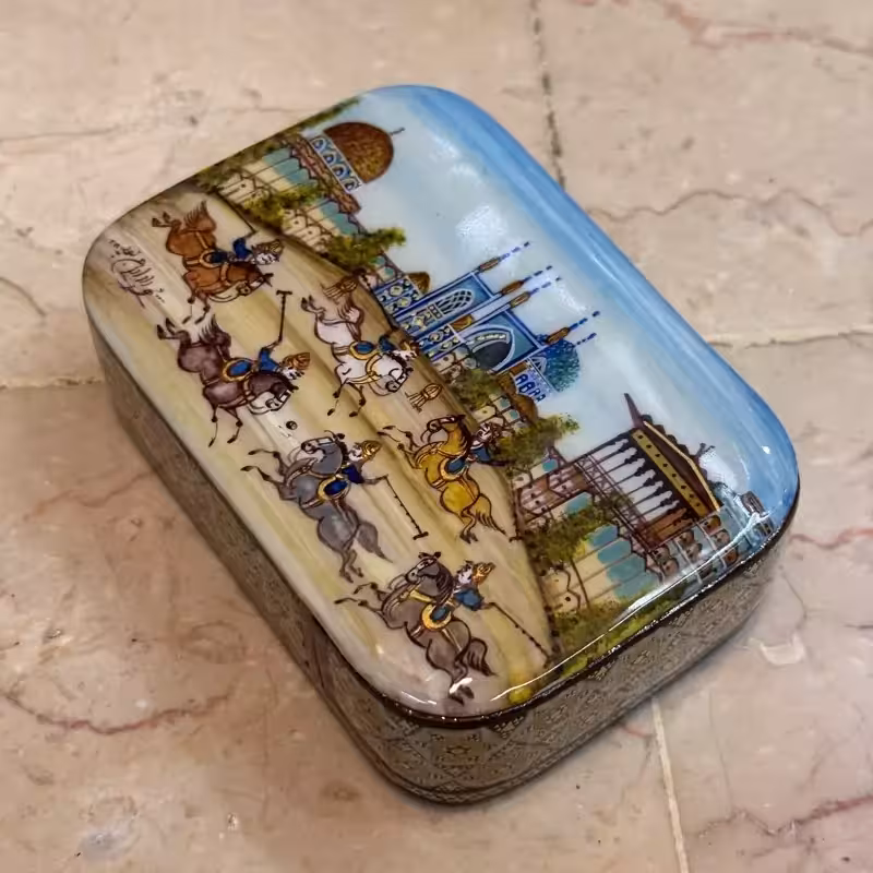 جعبه خاتم کاری کشویی چوگان در نقش جهان