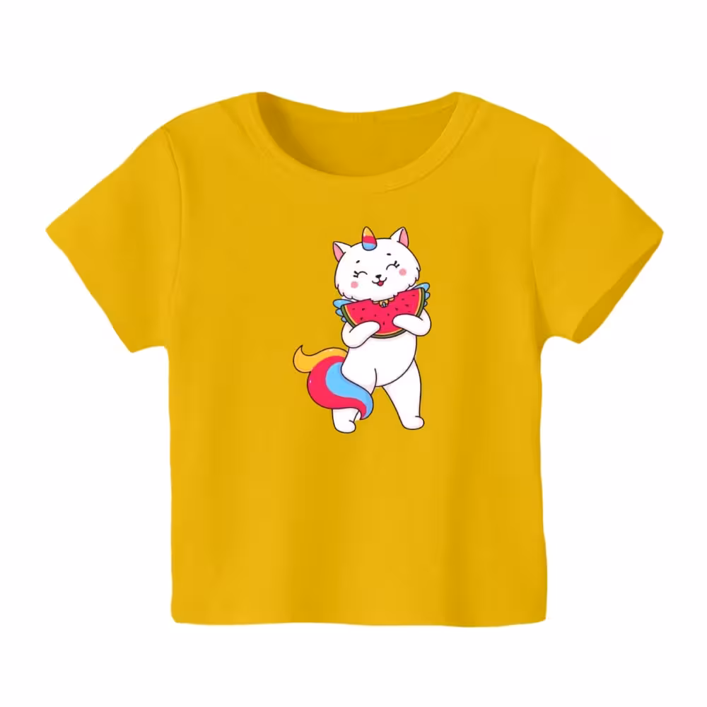 تی شرت آستین کوتاه بچگانه مدل گربه یلدایی کد 1 رنگ زرد
