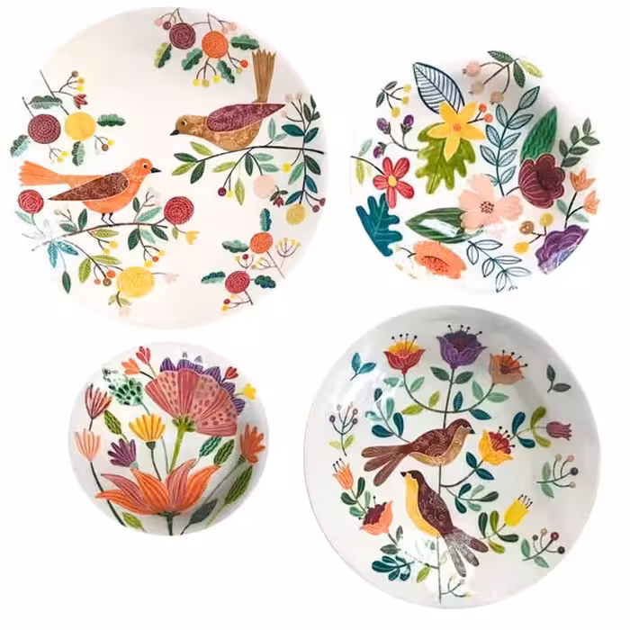 بشقاب دیوارکوب سفالی طرح گل و بلبل مجموعه 4 عددی