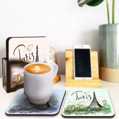 زیر لیوانی لوکسینو مدل پاریس طرح برج ایفل مجموعه 6 عددی