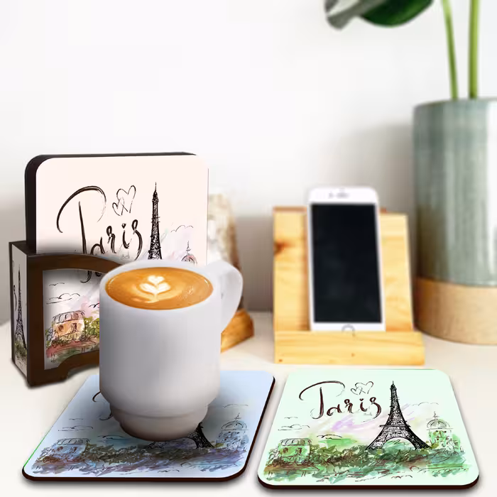 زیر لیوانی لوکسینو مدل پاریس طرح برج ایفل مجموعه 6 عددی