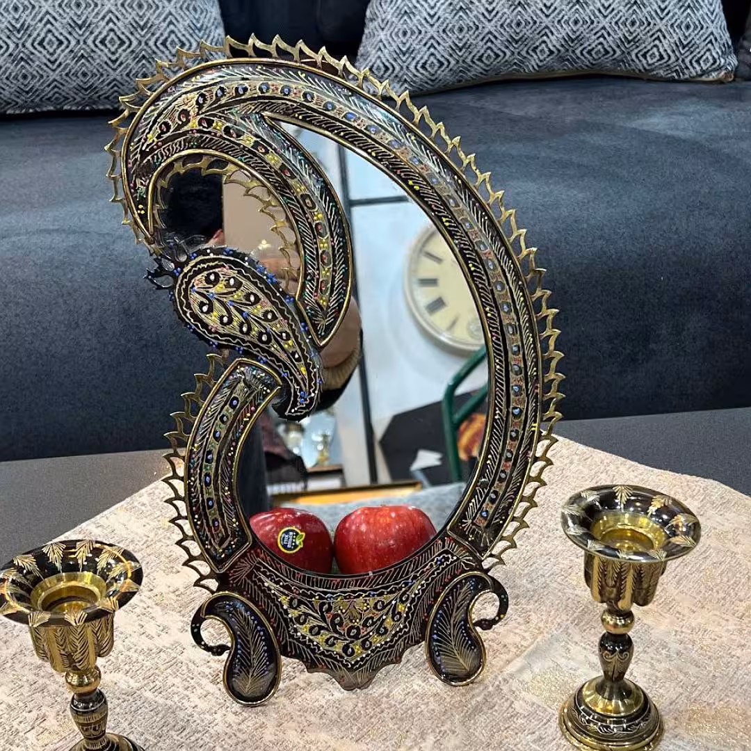 ست آینه و شمعدان برنزی سیاه قلم دست ساز