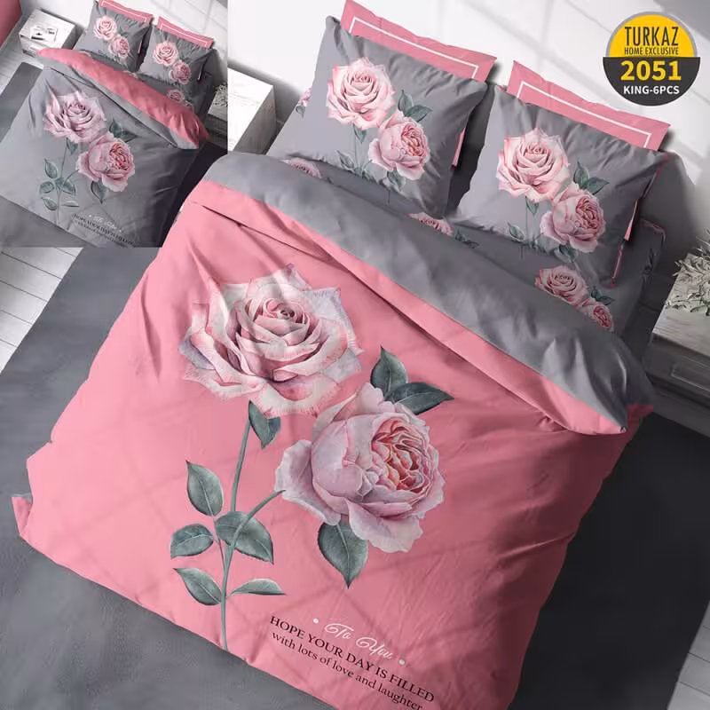 سرویس روتختی طرح رز طوسی صورتی برند Turkaz دو نفره  کد 2051