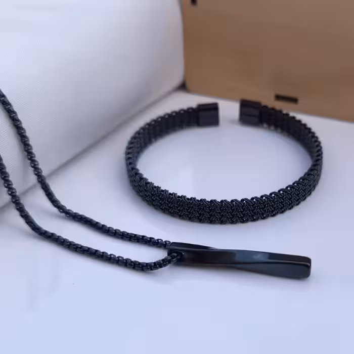 ست دستبند و گردنبند مشکی پسرانه استیل