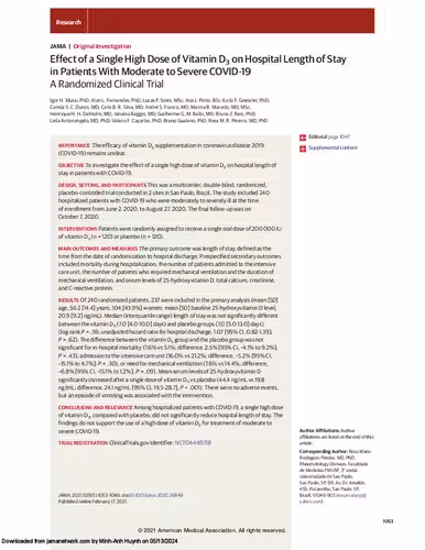 خرید و دانلود نسخه کامل کتاب Effect of a Single High Dose of Vitamin D3 on Hospital Length of Stay in Patients With Moderate to Severe COVID-19 A Randomized Clinical Trial