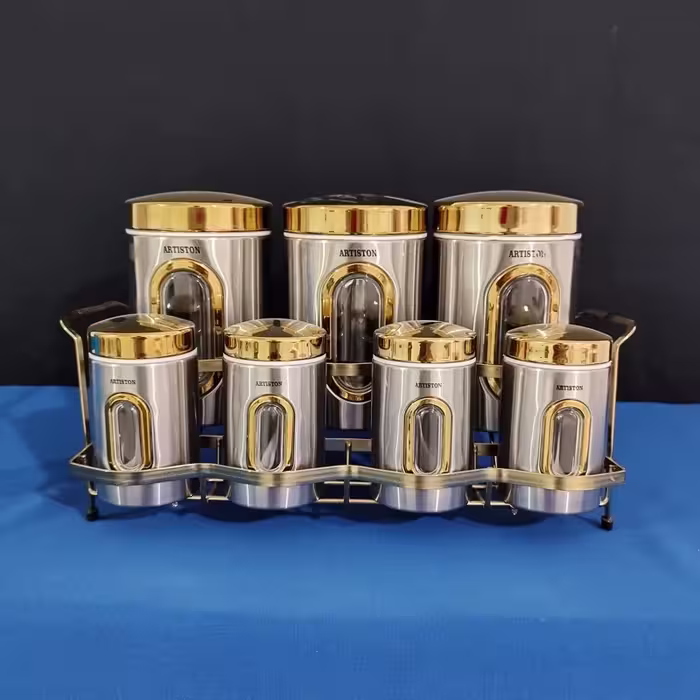 ست 8 پارچه ادویه و حبوبات استیل آرتیستون، با درب طلایی، کد 8546