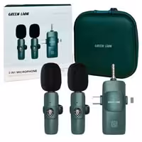 میکروفن یقه ای بیسیم شارژی 2عددی سبز بهمراه کاور Green Lion Type C,Aux،Lightning 3in1