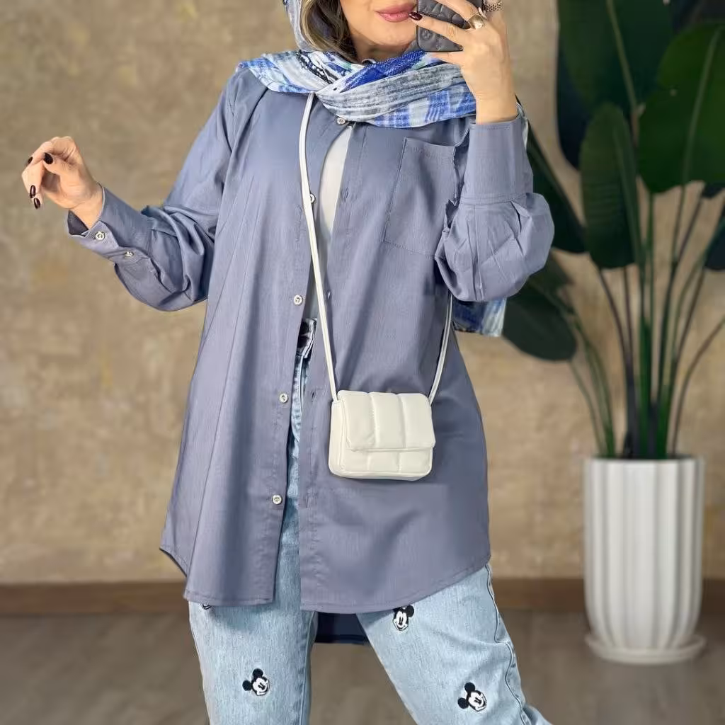 شومیز مانتویی جنس داکرون تک رنگ طوسی تیره فیری سایز 38 تا 46