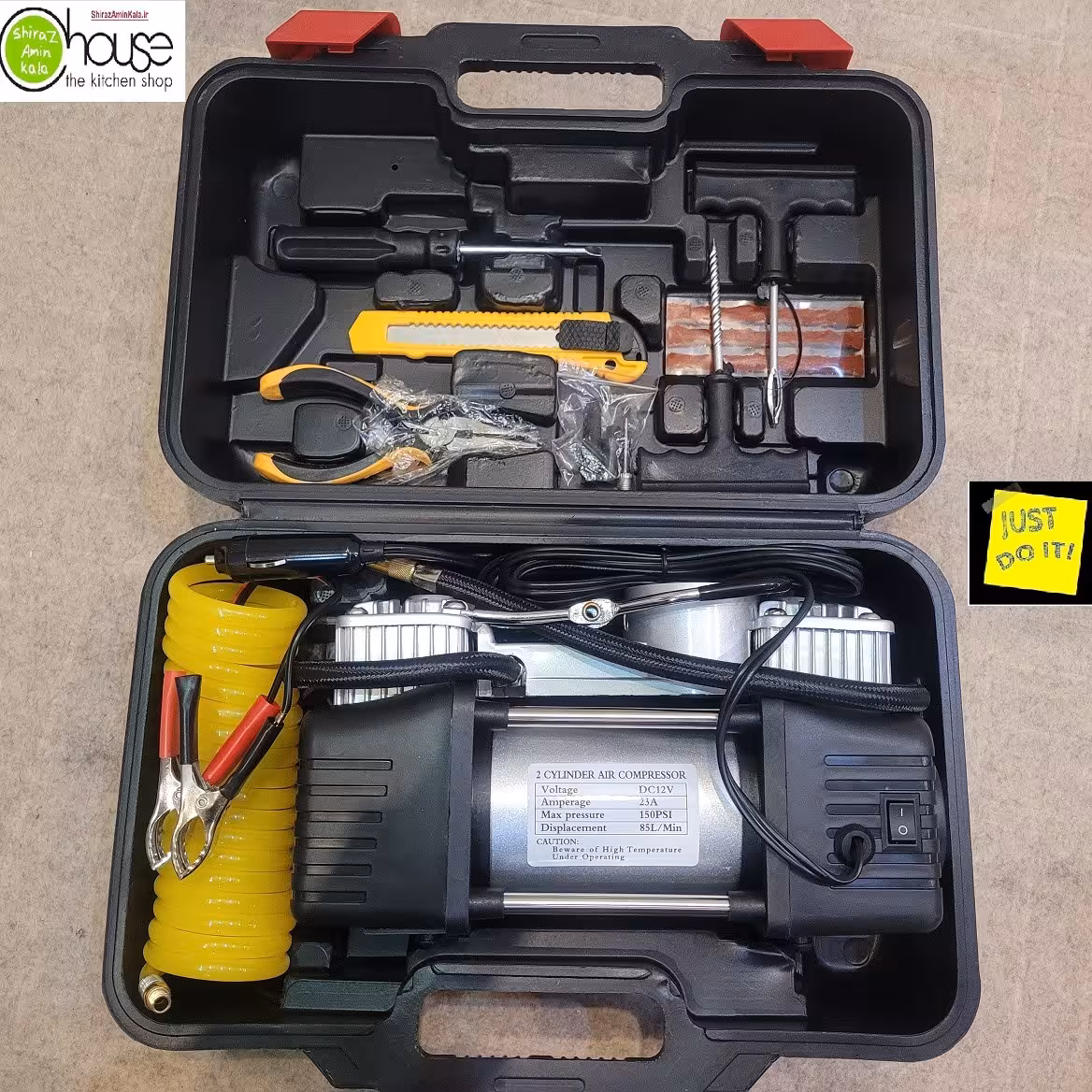 پمپ باد فندکی دو سیلندر خودرو کمپرسور طرح دیوالت  با لوازم جانبی